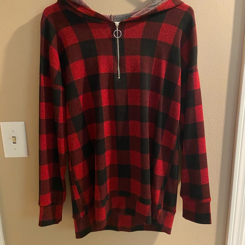 Red and black patterned quarter zip sweater!